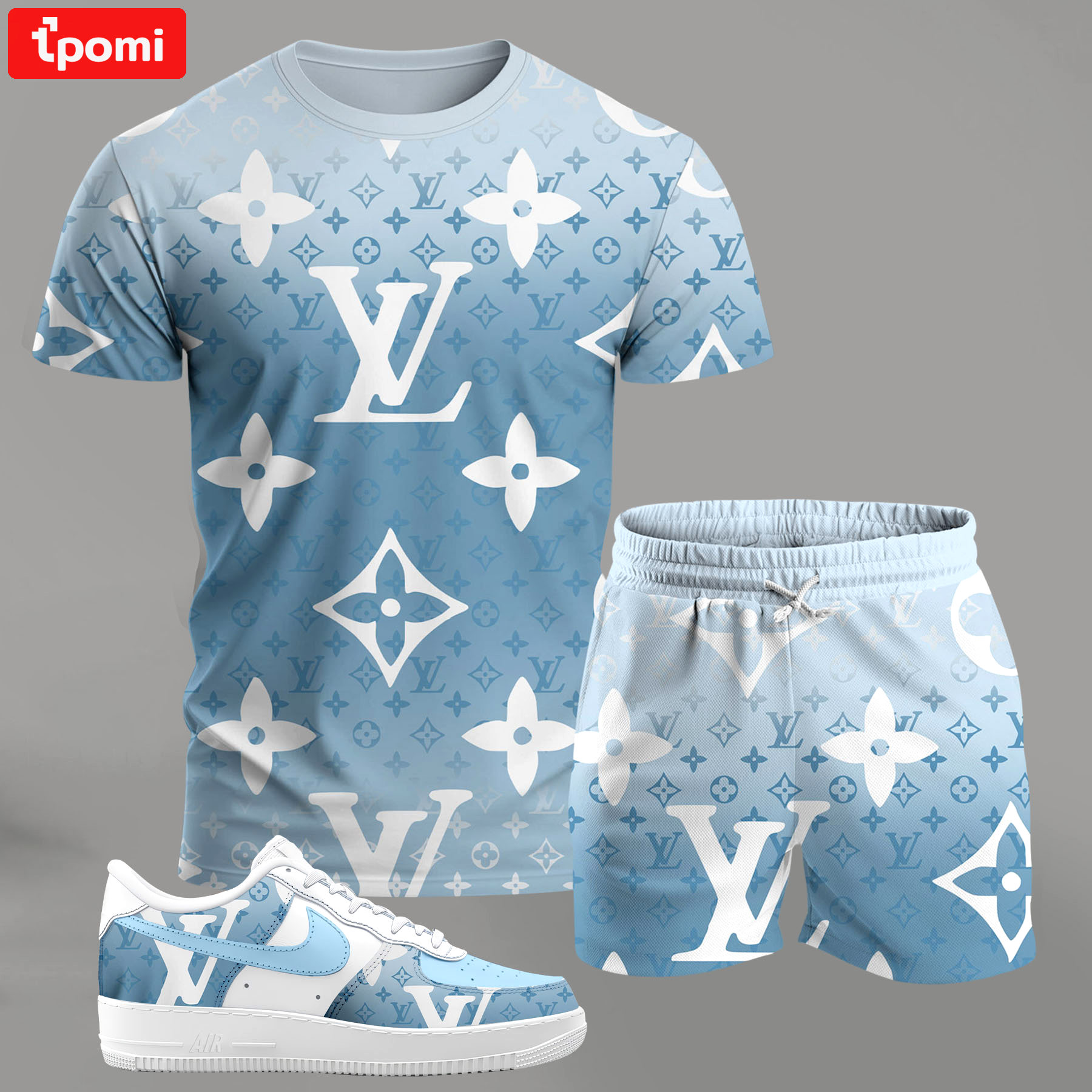 For the girls who love soft pastel streetwear, blue monogram pattern outfit t-shirt set | minimal aesthetic everyday wear T-Shirt Short Sneakers Set