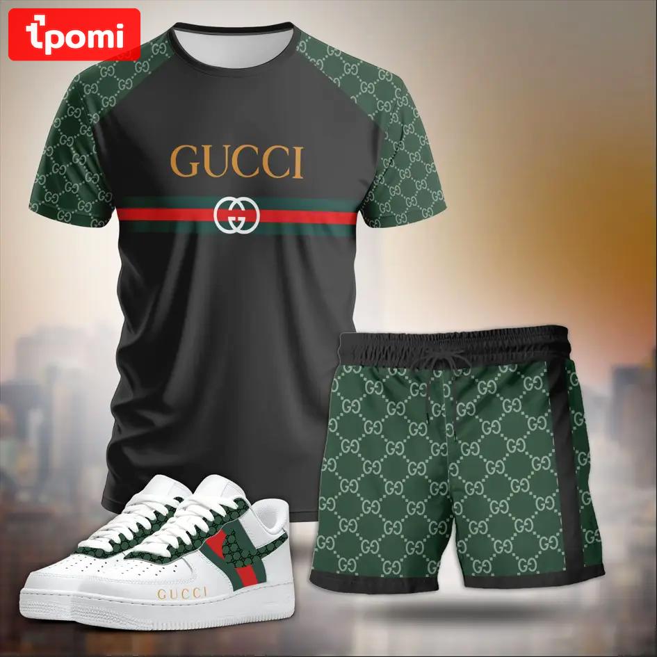 For the girls who love sporty luxe contrast, minimal logo stripe tee outfit t-shirt – black and green monogram print | casual everyday outfit aesthetic ideas T-Shirt Short Sneakers Set
