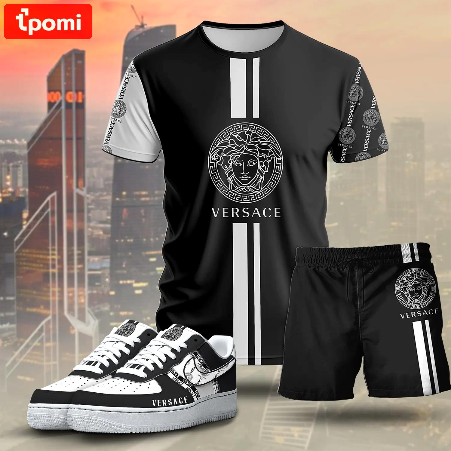For the girls who love sporty luxury streetwear, versace graphic tee set – black minimal casual everyday outfit ideas T-Shirt Short Sneakers Set