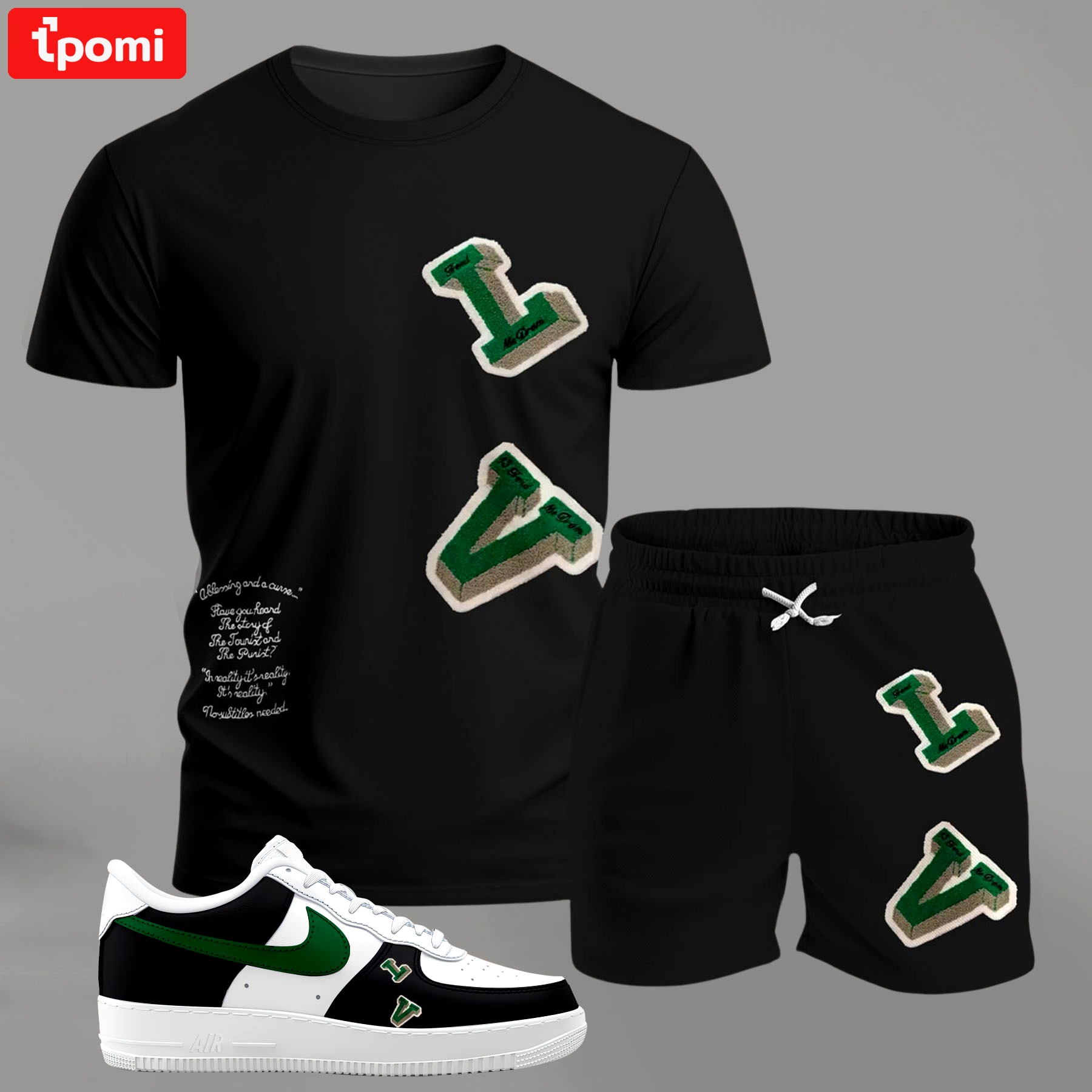 For the girls who love sporty minimal edge, graphic letter patch tee outfit t-shirt – black with green accents | casual everyday outfit aesthetic ideas T-Shirt Short Sneakers Set