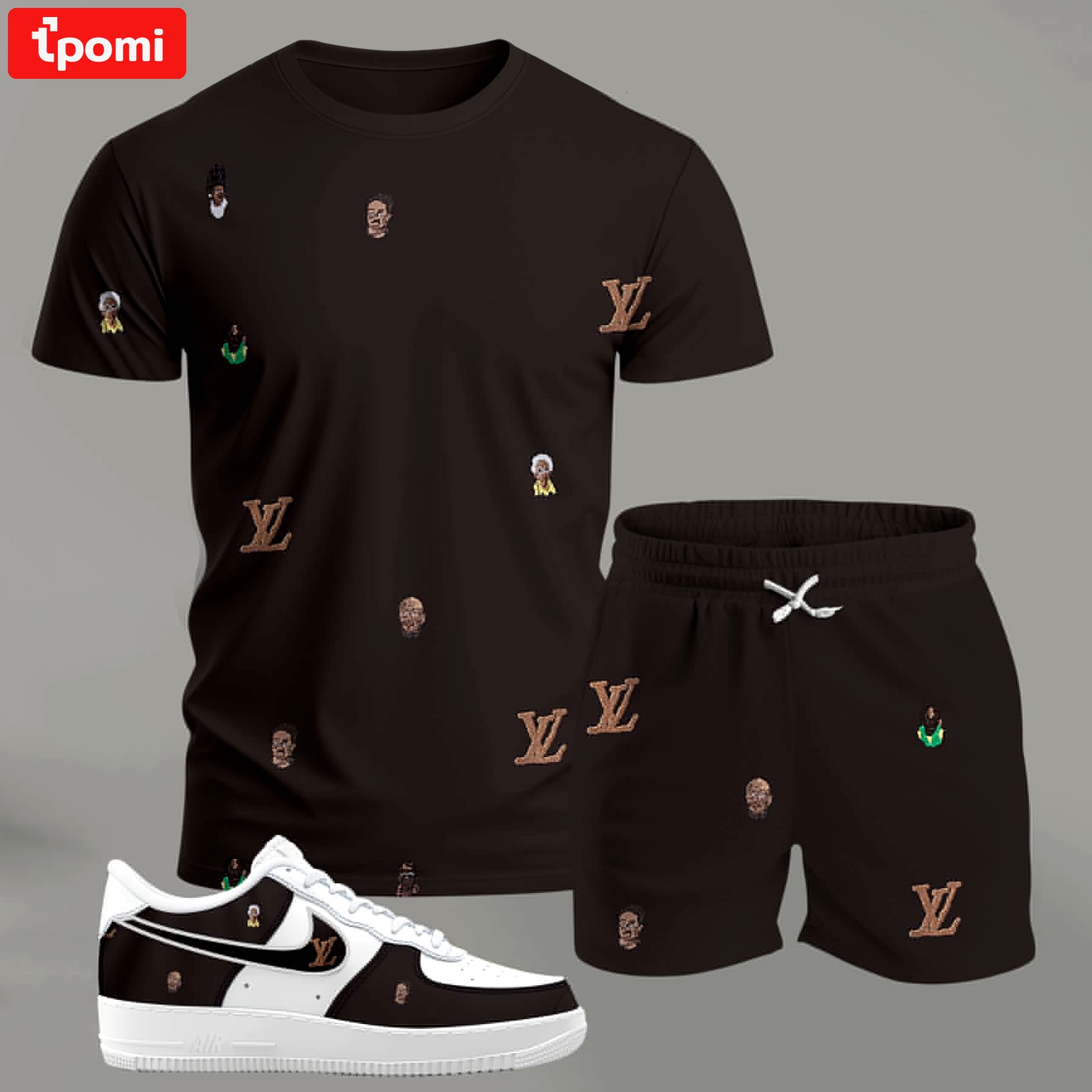 For the girls who love subtle statement pieces, dark brown mini pattern outfit t-shirt set | minimal aesthetic everyday wear T-Shirt Short Sneakers Set