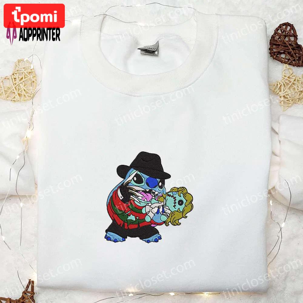 Freddy krueger x stitch doll embroidered sweatshirt – silhouette horror movies hoodie disney halloween gifts Embroidered Shirt