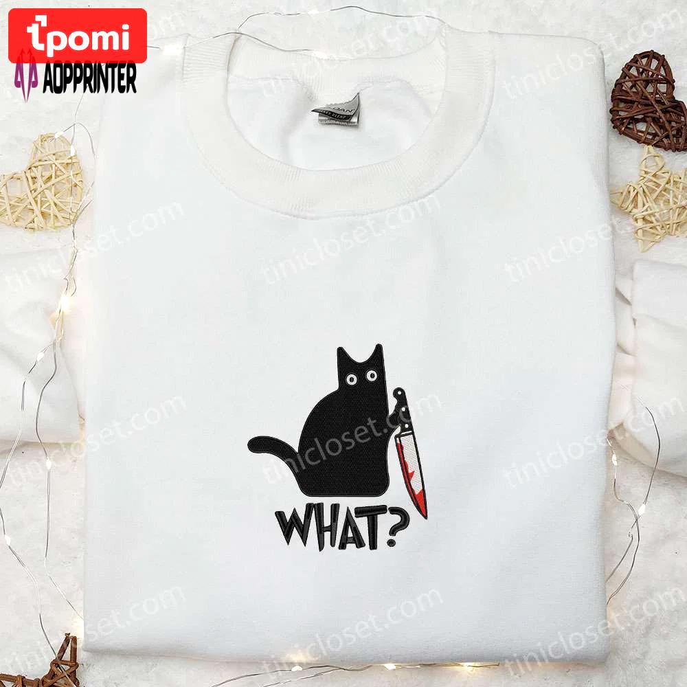 Funny black cat with knife embroidered shirt – best halloween gift Embroidered Shirt