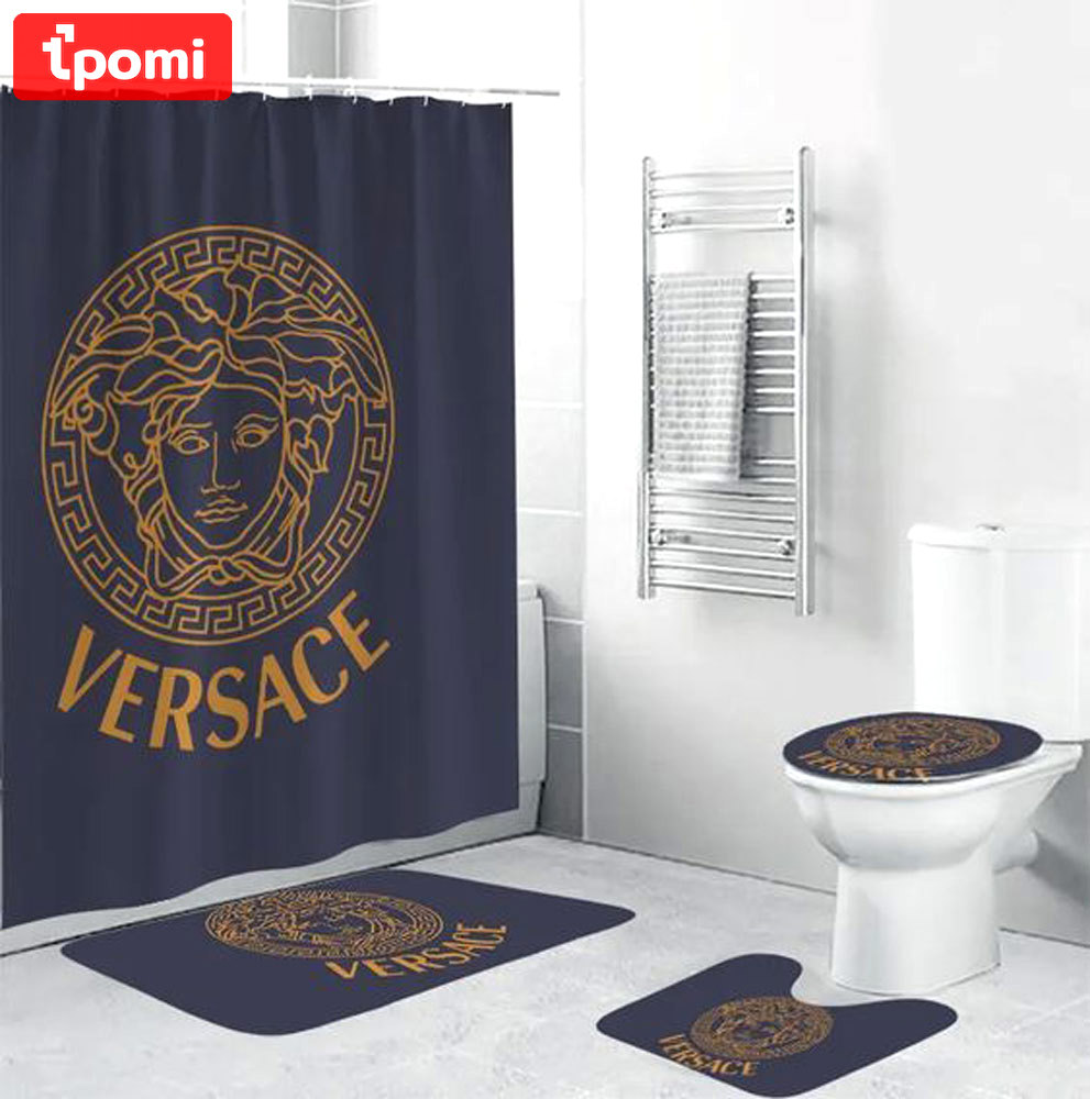 Gianni versace blue logo type 2099 Bathroom Accessory Sets Waterproof Shower Curtain Hypebeast Bathroom Bath Mat Set Toilet Cover Home Decor Luxury Fashion Brand Bathroom Sets Pedestal Rug