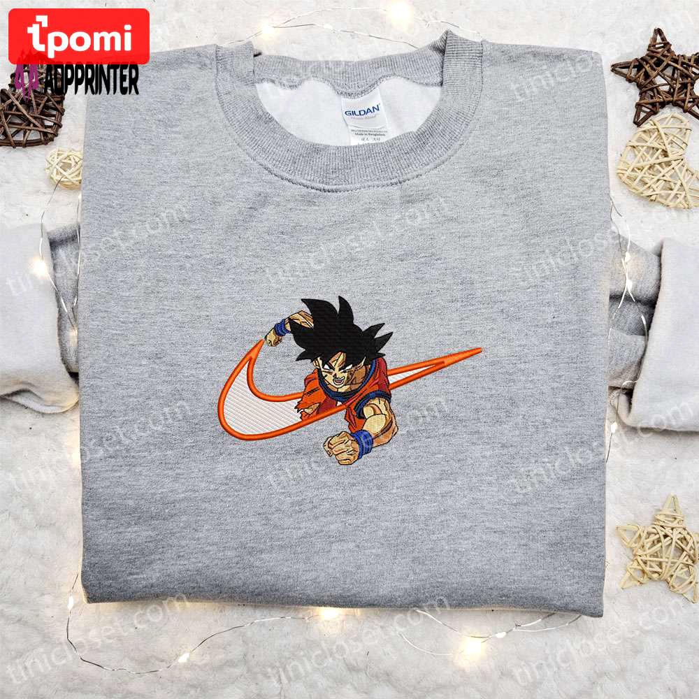 Goku anime x swoosh embroidered sweatshirt: dragon ball shirt best family birthday gift ideas Embroidered Shirt
