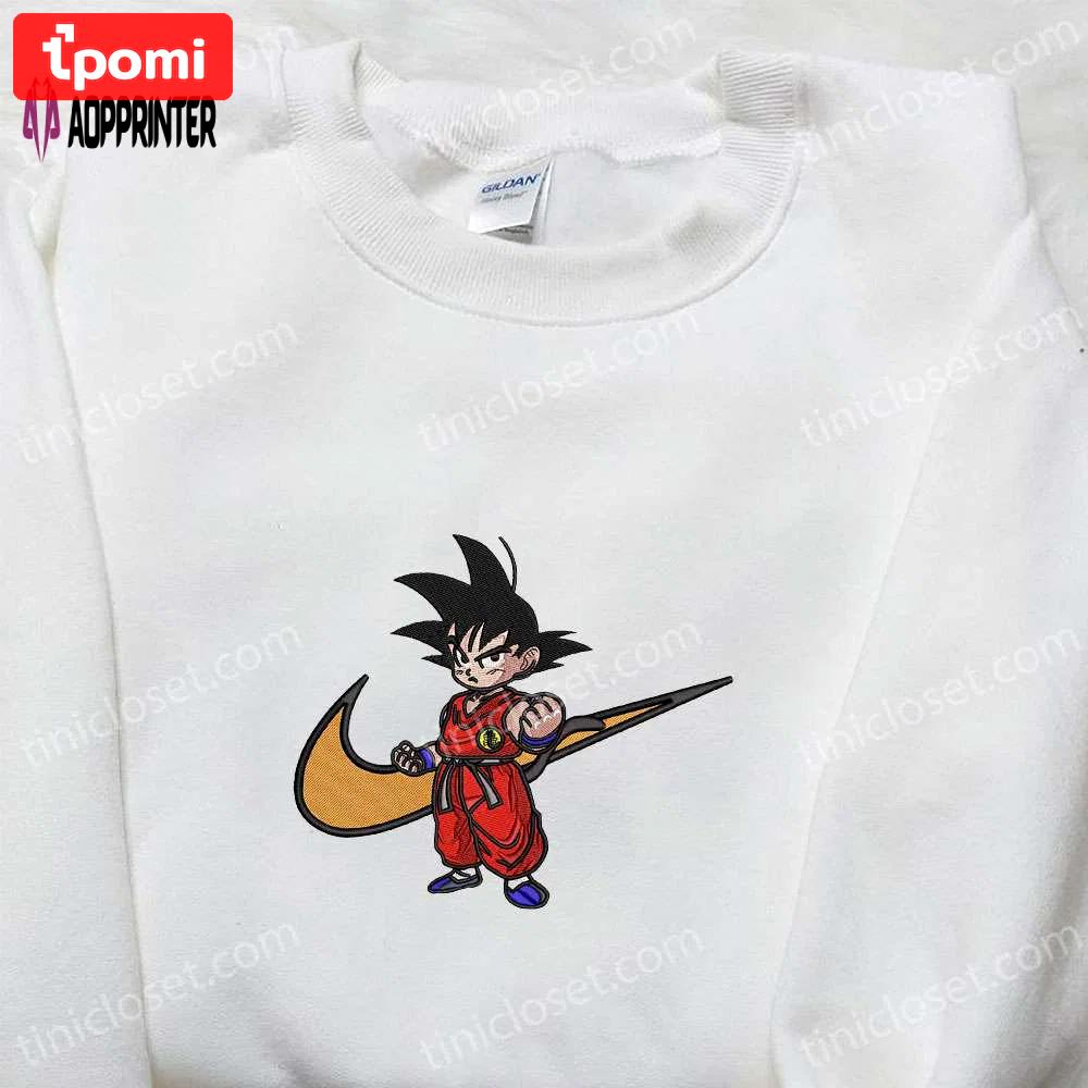 Goku kid x nike swoosh anime & dragon ball embroidered sweatshirt nike inspired shirt Embroidered Shirt