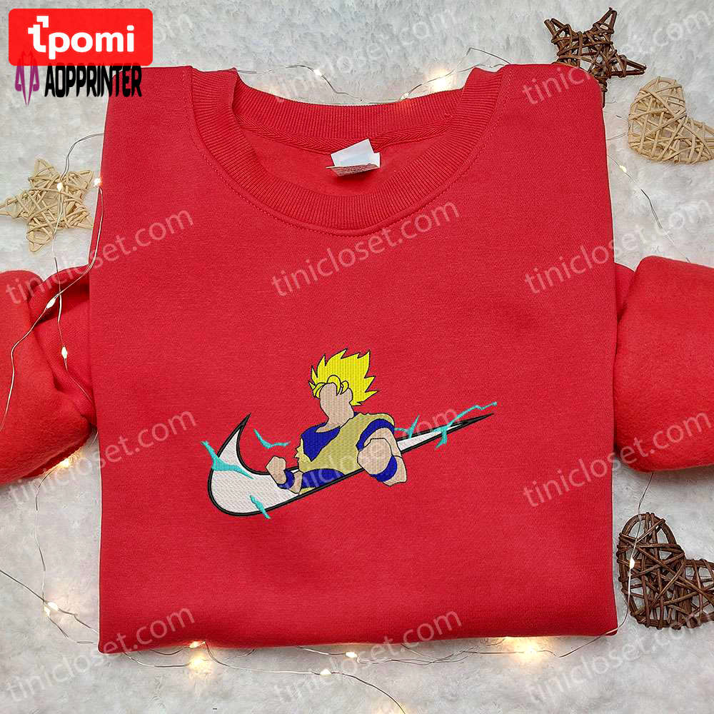 Goku super saiyan 2 x nike swoosh anime sweatshirt – dragon ball embroidered shirt cool anime clothing Embroidered Shirt