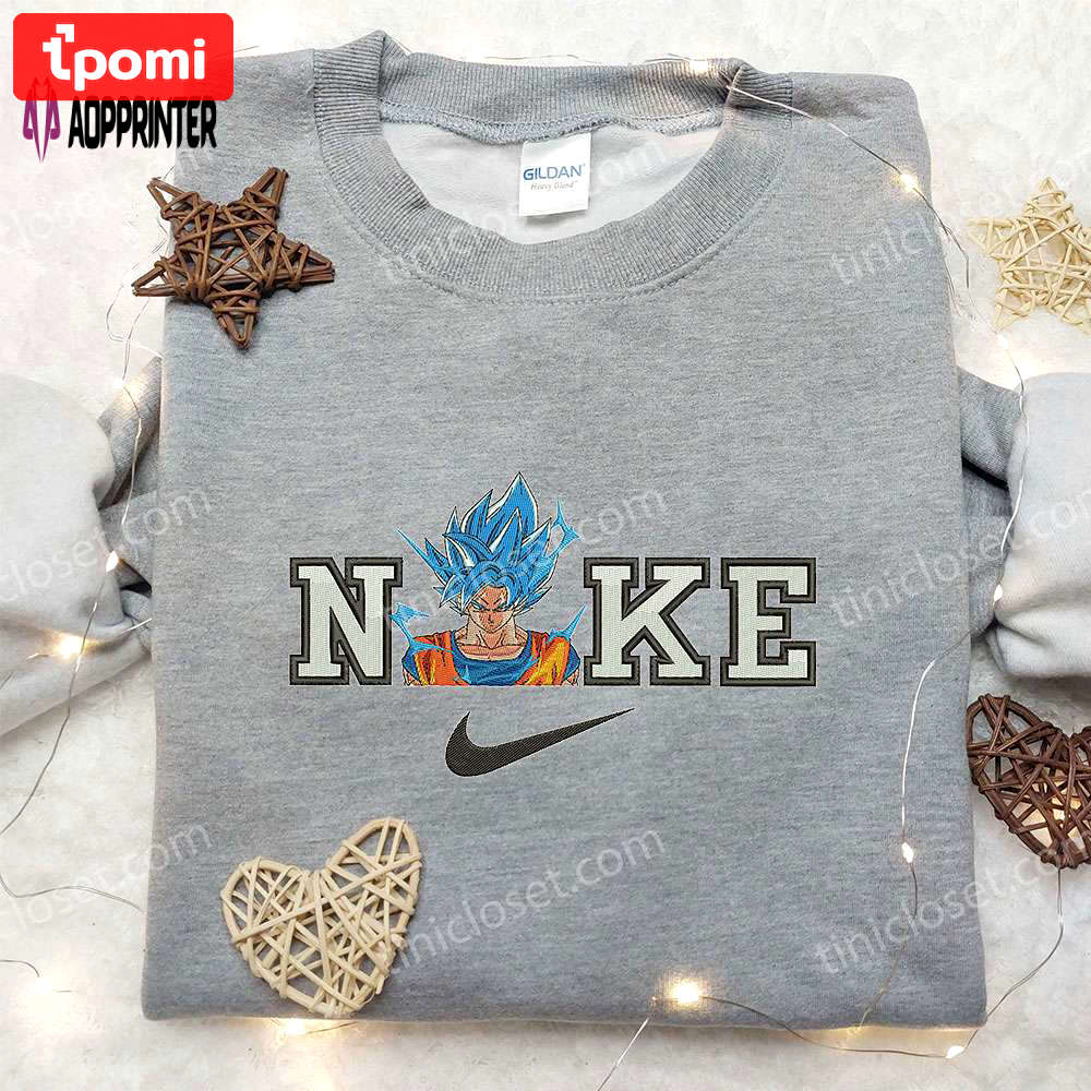 Goku super saiyan blue x nike embroidered sweatshirt – dragon ball & nike inspired shirt Embroidered Shirt