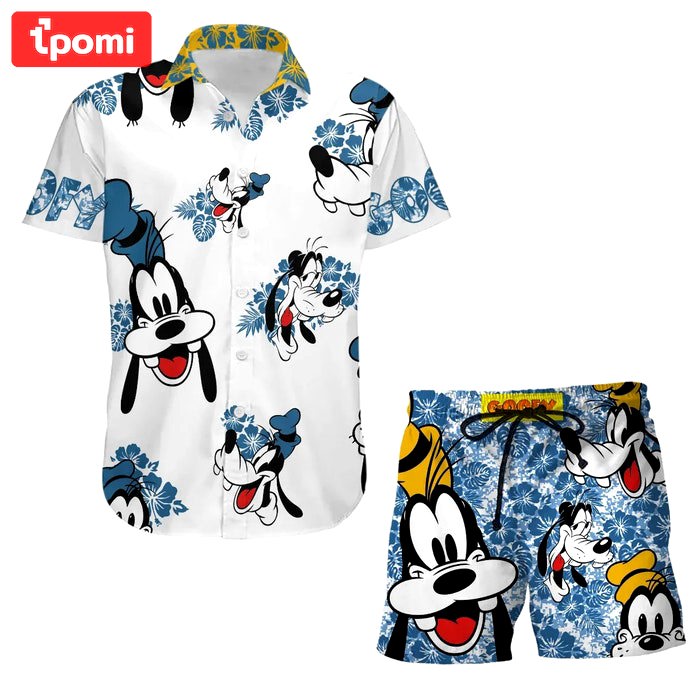 Goofy dog hibiscus summer tropical print disney hawaiian button down shirt shorts set unisex outfits Hawaii Shirt Shorts & Flip Flops