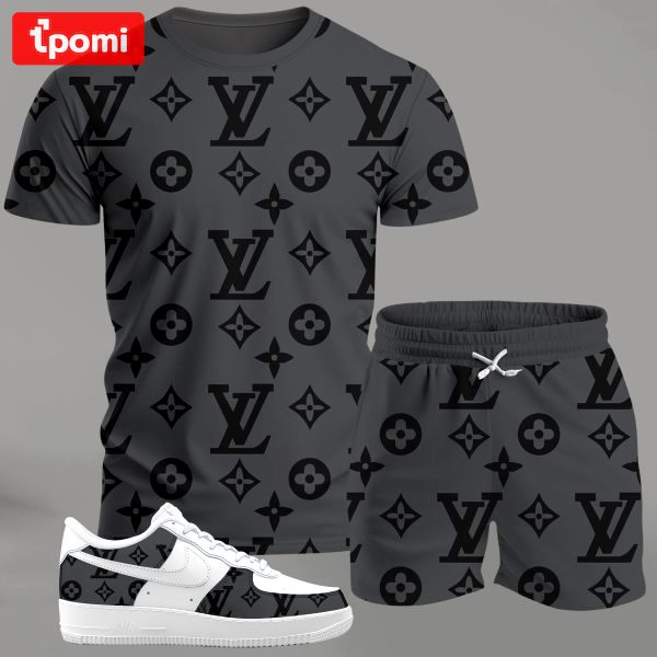 Grey monogram streetwear set for men, all-over pattern t-shirt and shorts combo with contrast sneakers T-Shirt Short Sneakers Set