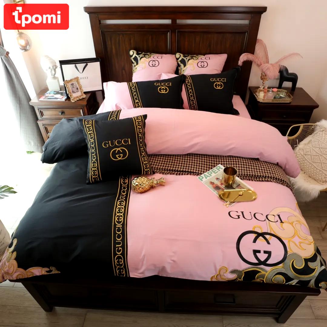 Gucci black and pinky luxury brand bedding sets bedspread duvet cover set, bedroom decor , thanksgiving decorations for home Bedding Sets