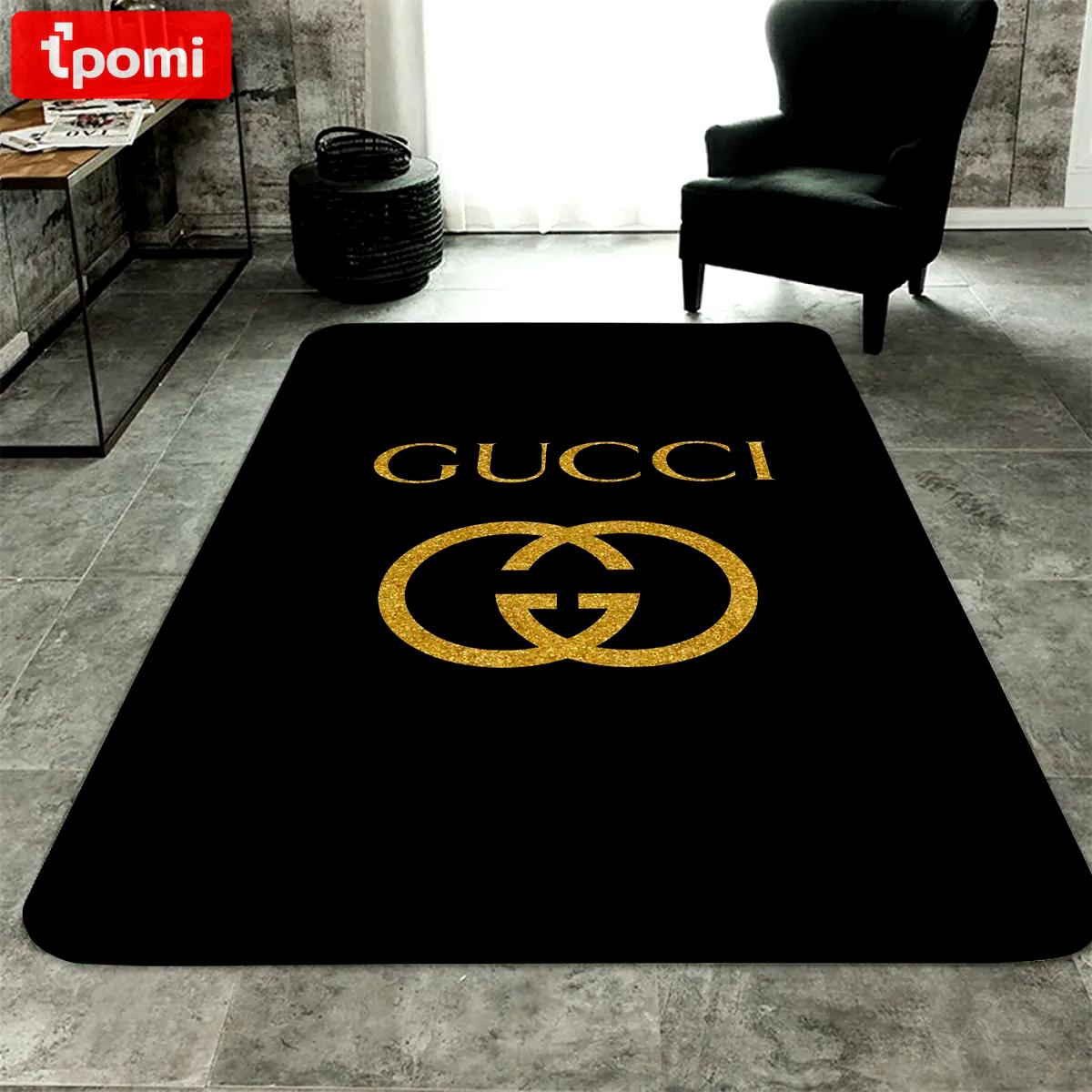 Gucci black golden logo type 497. Upgrade Your Living Room with Luxury Home Decor: Area Carpets, Floor Decor, Door Mats, and Hot Gift Items with style a High-End Fashion Brand Rectangle Rug