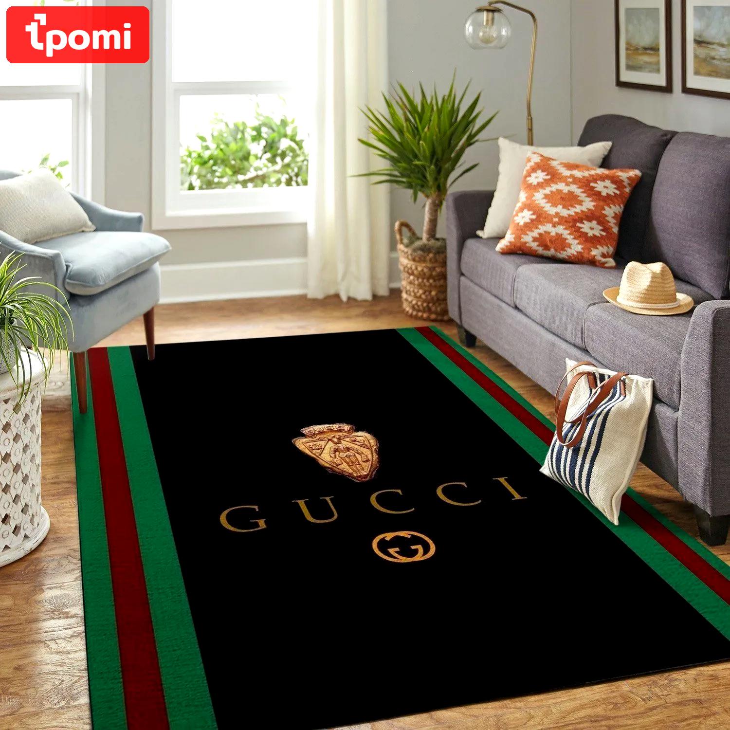 Gucci black logo type 267. Upgrade Your Living Room with Luxury Home Decor: Area Carpets, Floor Decor, Door Mats, and Hot Gift Items with style a High-End Fashion Brand Rectangle Rug