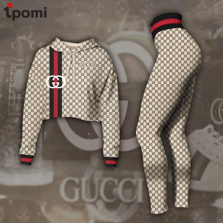 Gucci cream luxury brand clothes premium leggings and crop top set for women Croptop Hoodie Legging Set