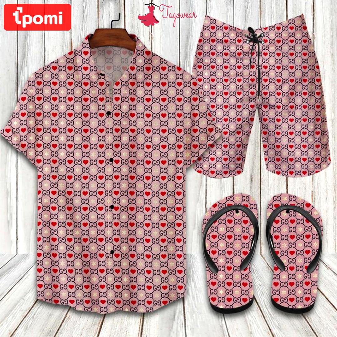 Gucci flip flops and combo hawaiian shirt, beach shorts luxury summer clothes style #489 Hawaii Shirt Shorts & Flip Flops
