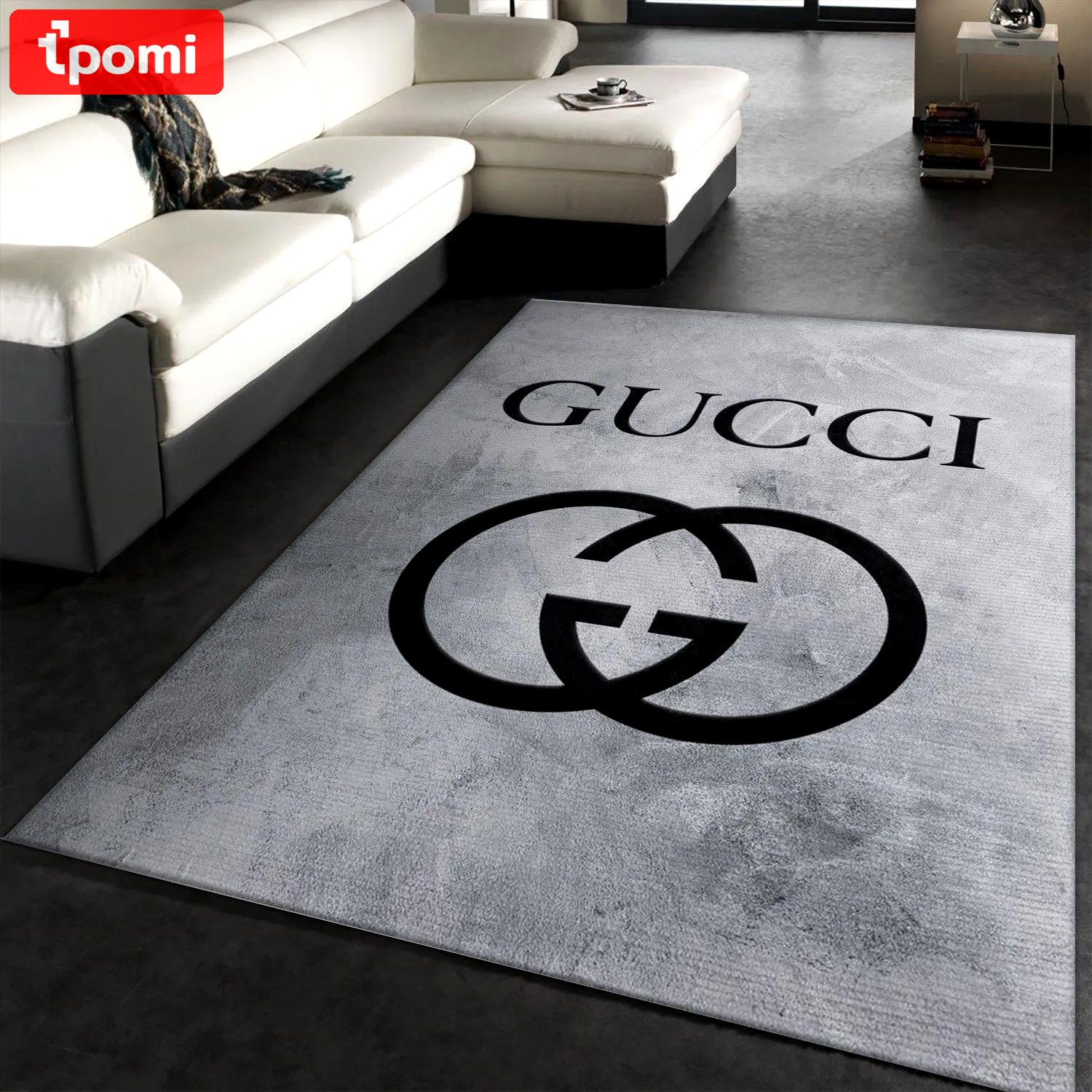 Gucci grey logo type 299. Upgrade Your Living Room with Luxury Home Decor: Area Carpets, Floor Decor, Door Mats, and Hot Gift Items with style a High-End Fashion Brand Rectangle Rug