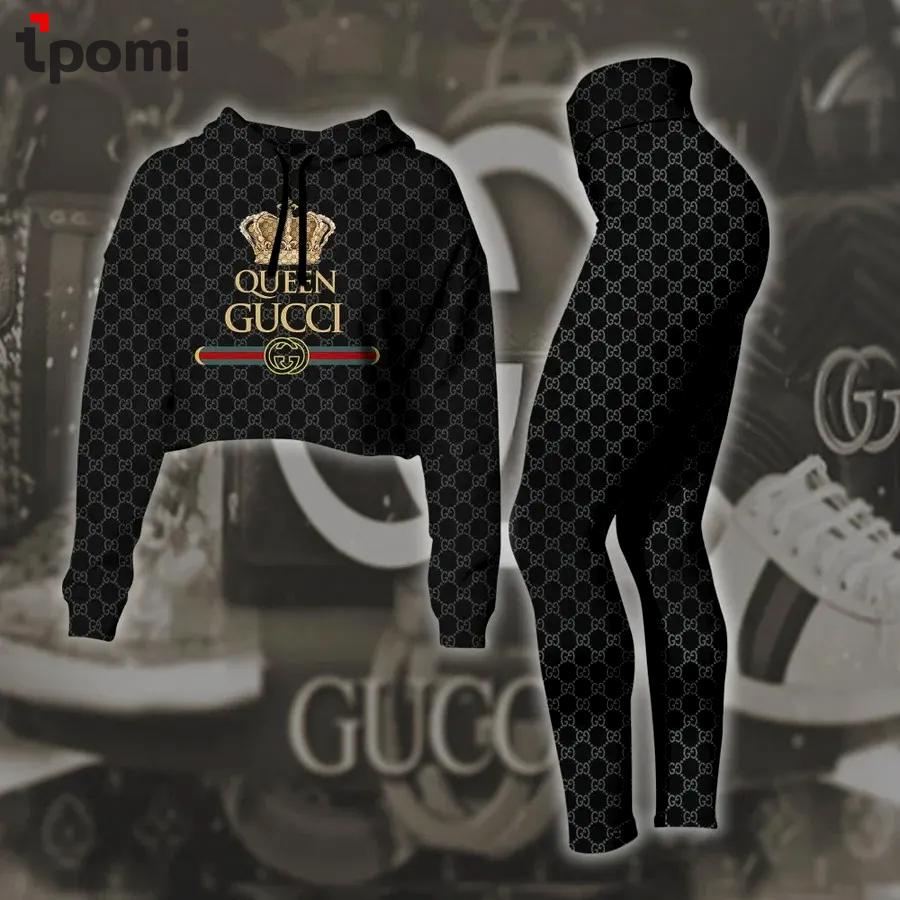 Gucci queen luxury brand clothes premium leggings and crop top set for women Croptop Hoodie Legging Set