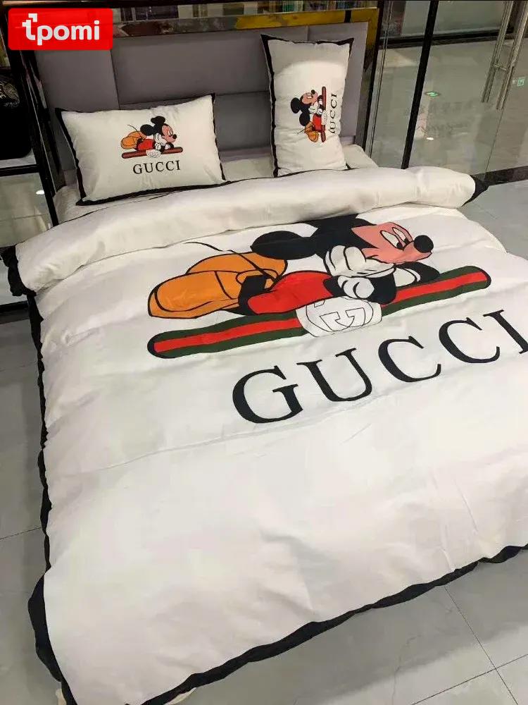 Gucci white mickey new hot logo luxury brand high-end bedding sets, bedroom decor , thanksgiving decorations for home  best luxury bed sets gift thankgivings and christmas Bedding Sets