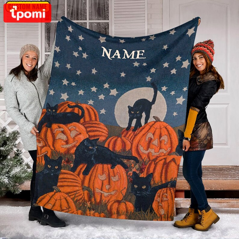 Halloween decorations black cat halloween fleece blanket, personalized name halloween blanket, cat black pumpkin halloween blanket, thanksgiving fall autumn gift Quilt Blanket