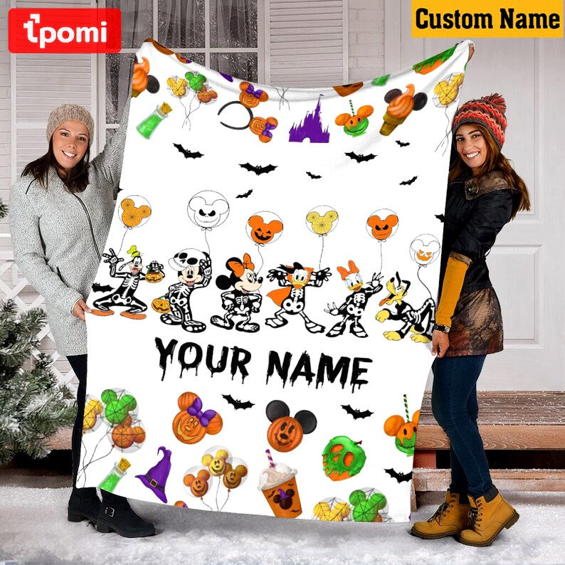 Halloween decorations custom name halloween blanket, mickey and friends halloween blanket, mickey skeleton characters halloween blanket, pumpkin pattern blanket Quilt Blanket