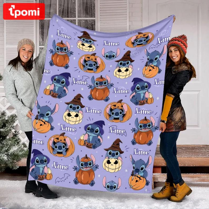 Halloween decorations custom name halloween stitch blanket, witch stitch halloween blanket, pumpkin stitch fleece mink sherpa halloween, wdw trip vacation gift Quilt Blanket
