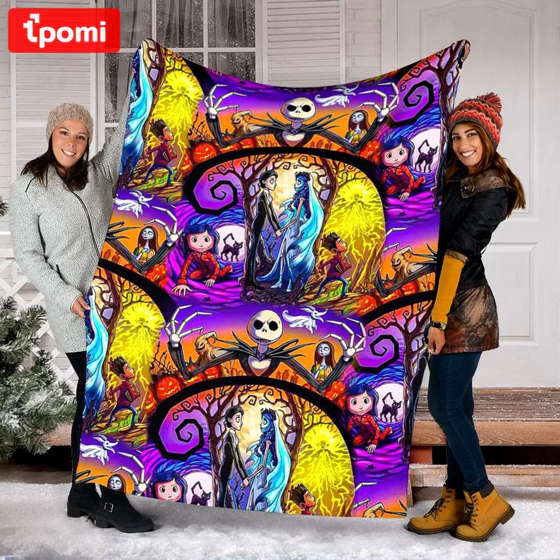 Halloween decorations halloween tim button  blanket, halloween day gift, tim burton family fleece blanket, addams family blanket, nightmare before christmas gift Quilt Blanket