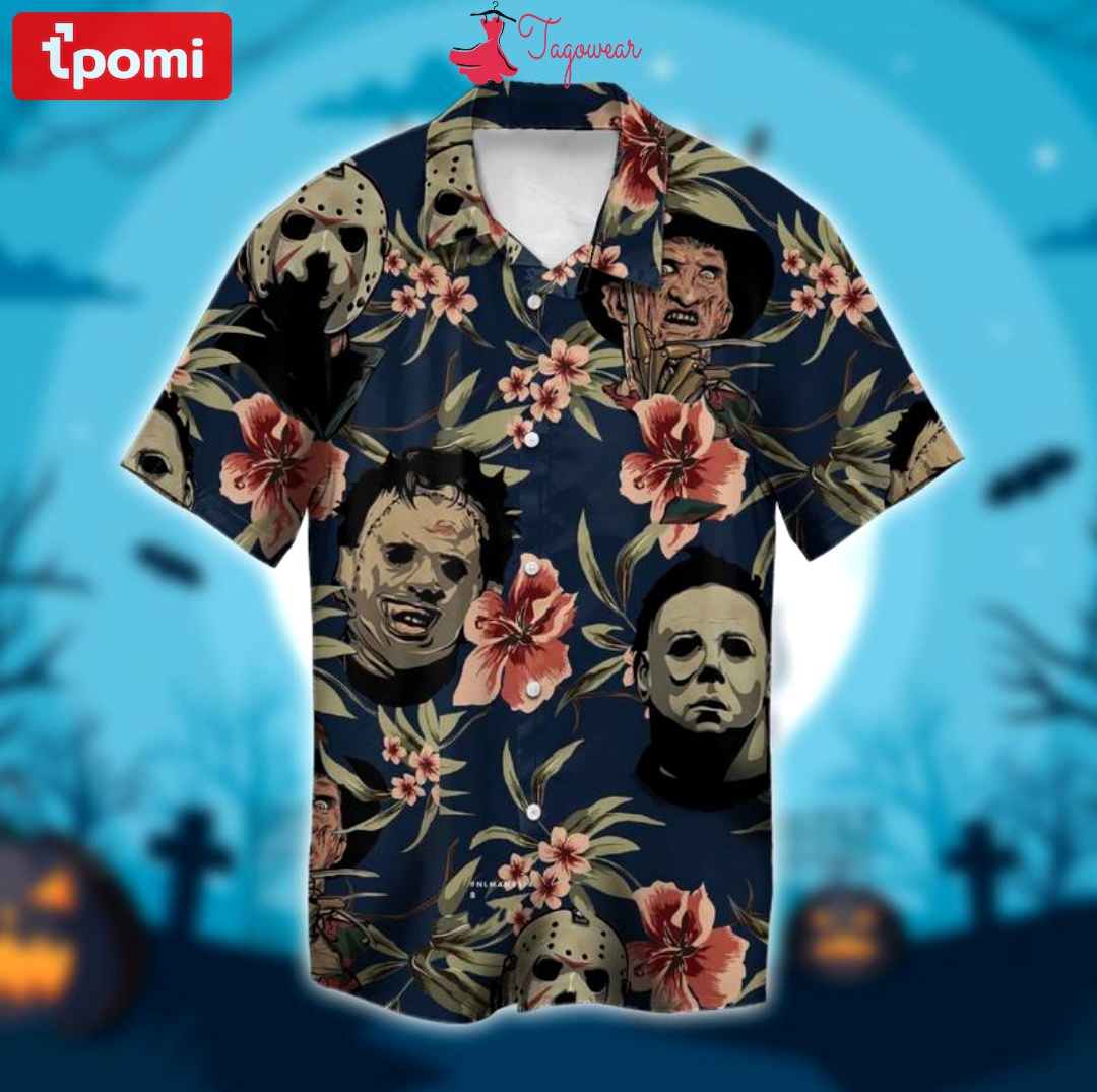 Halloween michael myers jason voorhees freddy krueger leatherface combo hawaiian shirt, beach shorts luxury summer clothes style #454 Hawaii Shirt Shorts & Flip Flops