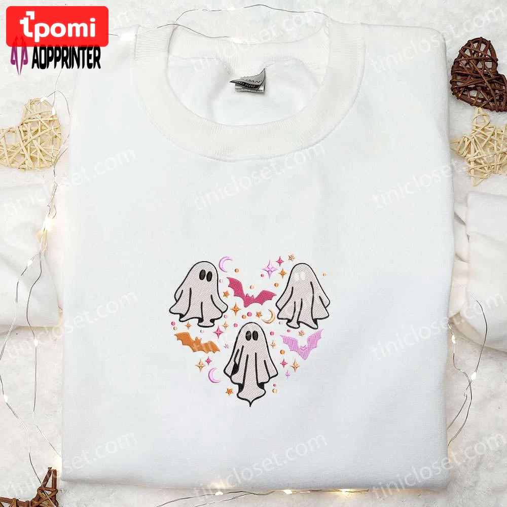 Halloween spooky ghost heart love hoodie: embroidered shirt & sweatshirt for cool spirit halloween Embroidered Shirt