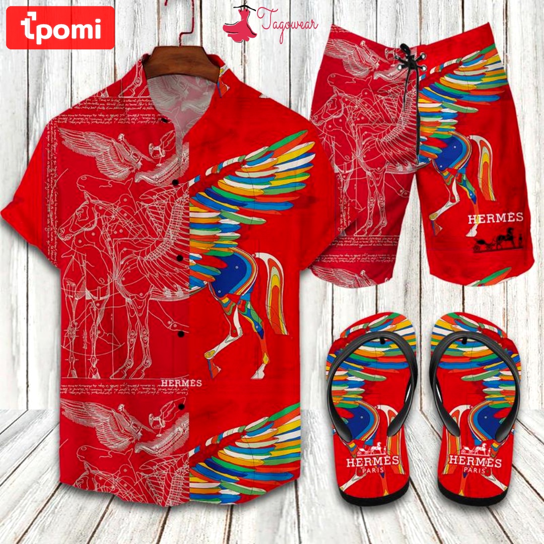 Hermes flip flops and combo hawaiian shirt, beach shorts luxury summer clothes style #447 Hawaii Shirt Shorts & Flip Flops