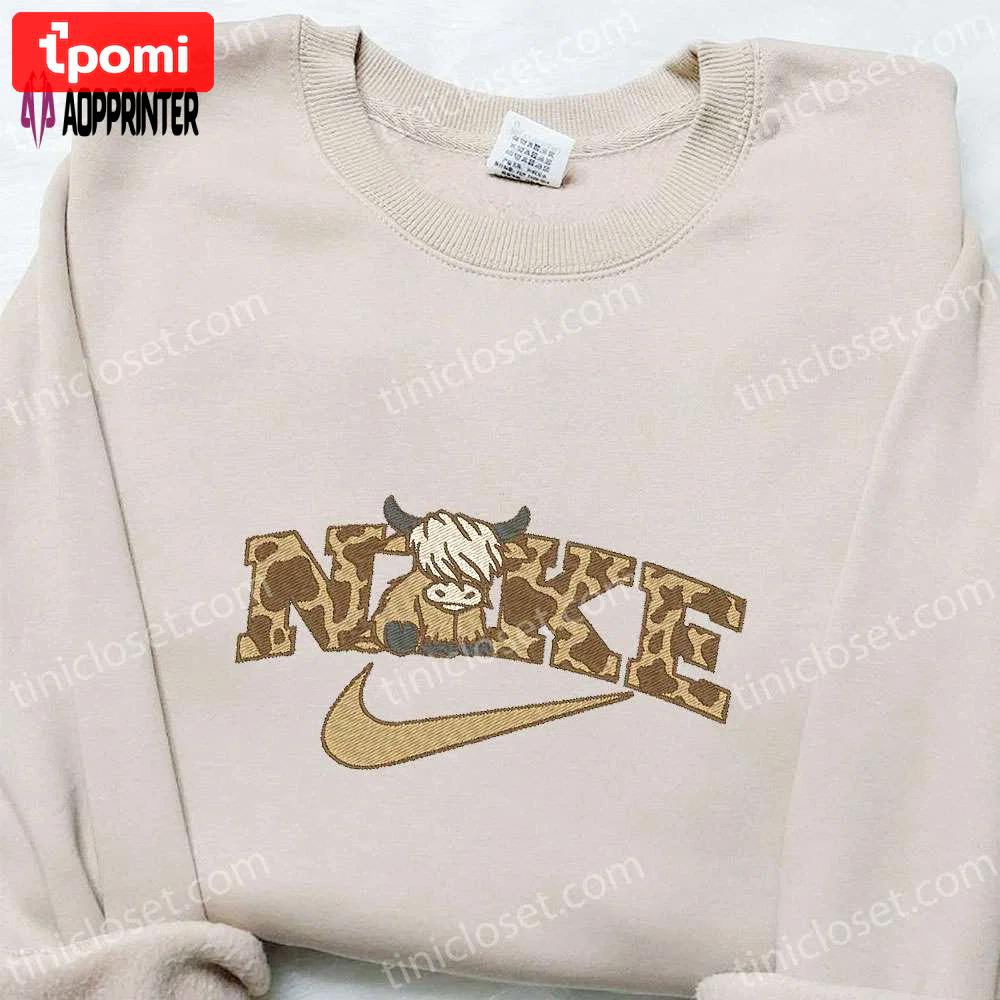 Highland cattle x nike animal embroidered shirt – unique nike inspired gift for family Embroidered Shirt