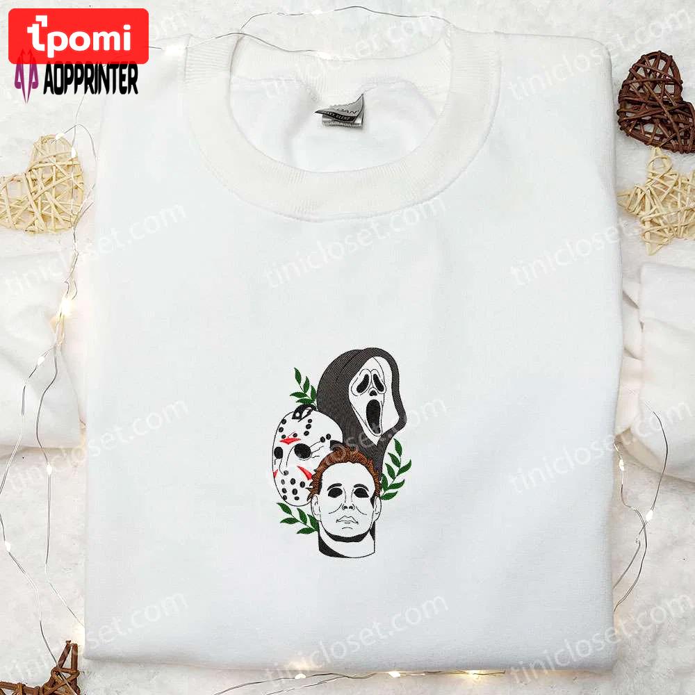 Horror movie characters embroidered shirt: jason voorhees michael myers ghostface – perfect halloween gift Embroidered Shirt