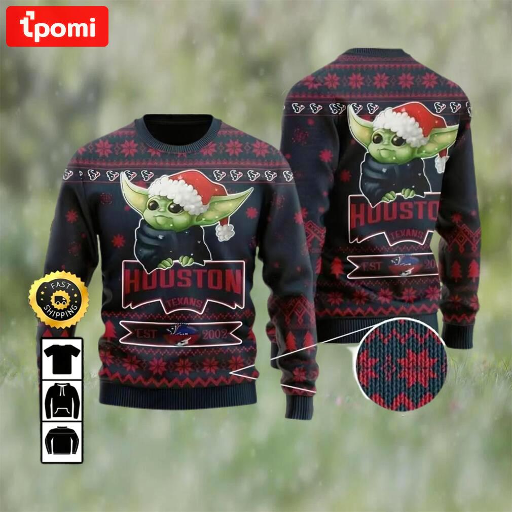Houston texans est 2002 baby yoda ugly christmas sweater, faux wool sweater, national football league, gifts for fans football nfl, football 3d ugly sweater ? prinvity Christmas Ugly Sweater