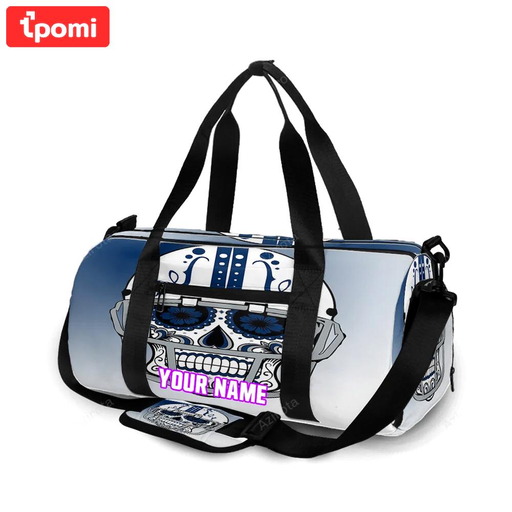 Indianapolis colts skull wearing helmet blue white personalized name travel bag gym bag 1079 Travel Bag