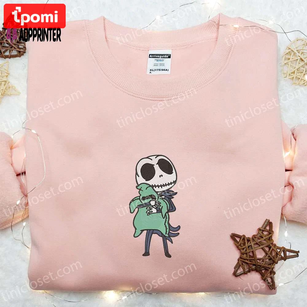 Jack skellington hugging oogie boogie embroidered sweatshirt – cute halloween hoodie best gift idea Embroidered Shirt