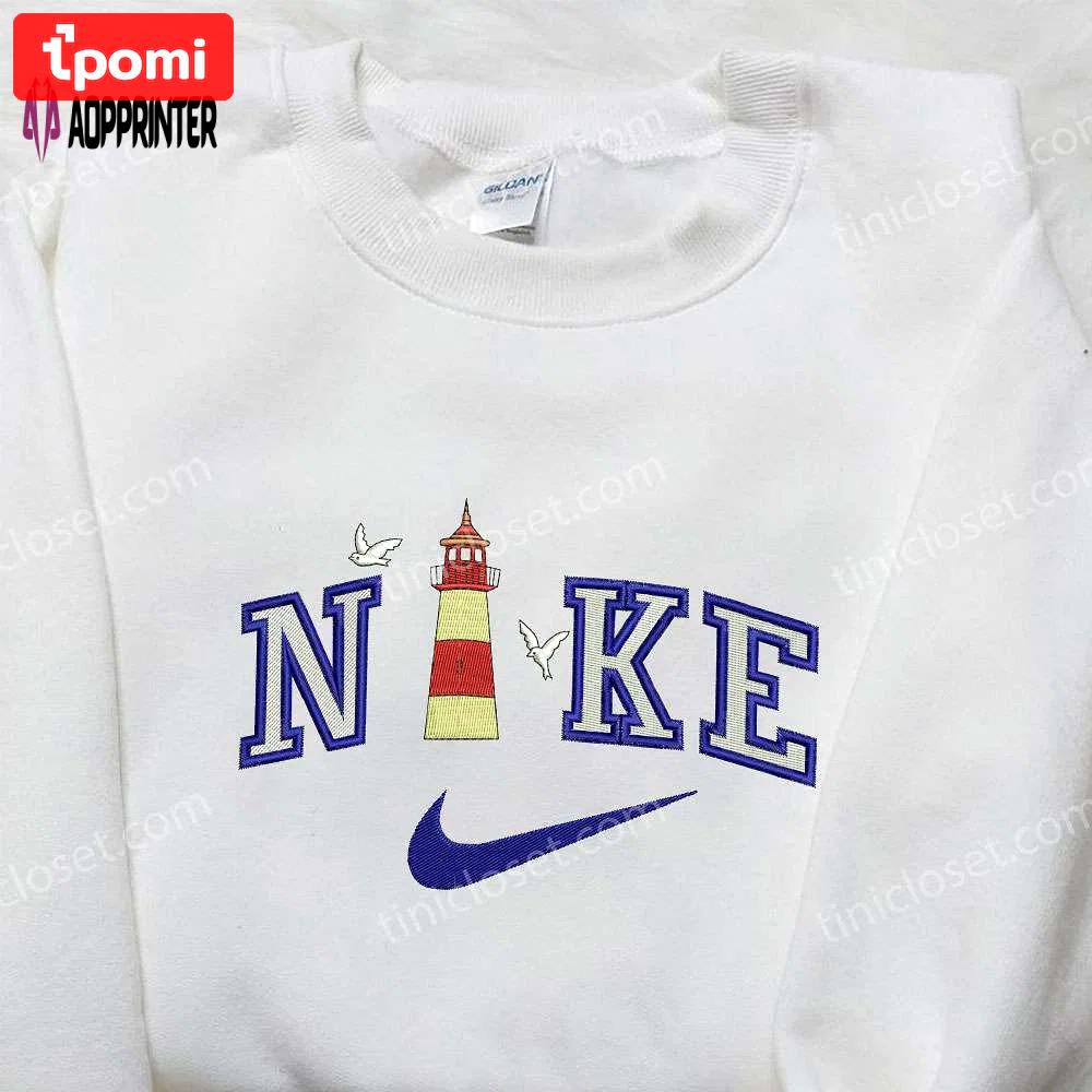 Lighthouse and seagulls x nike embroidered hoodie: best nike inspired shirt perfect family gift Embroidered Shirt