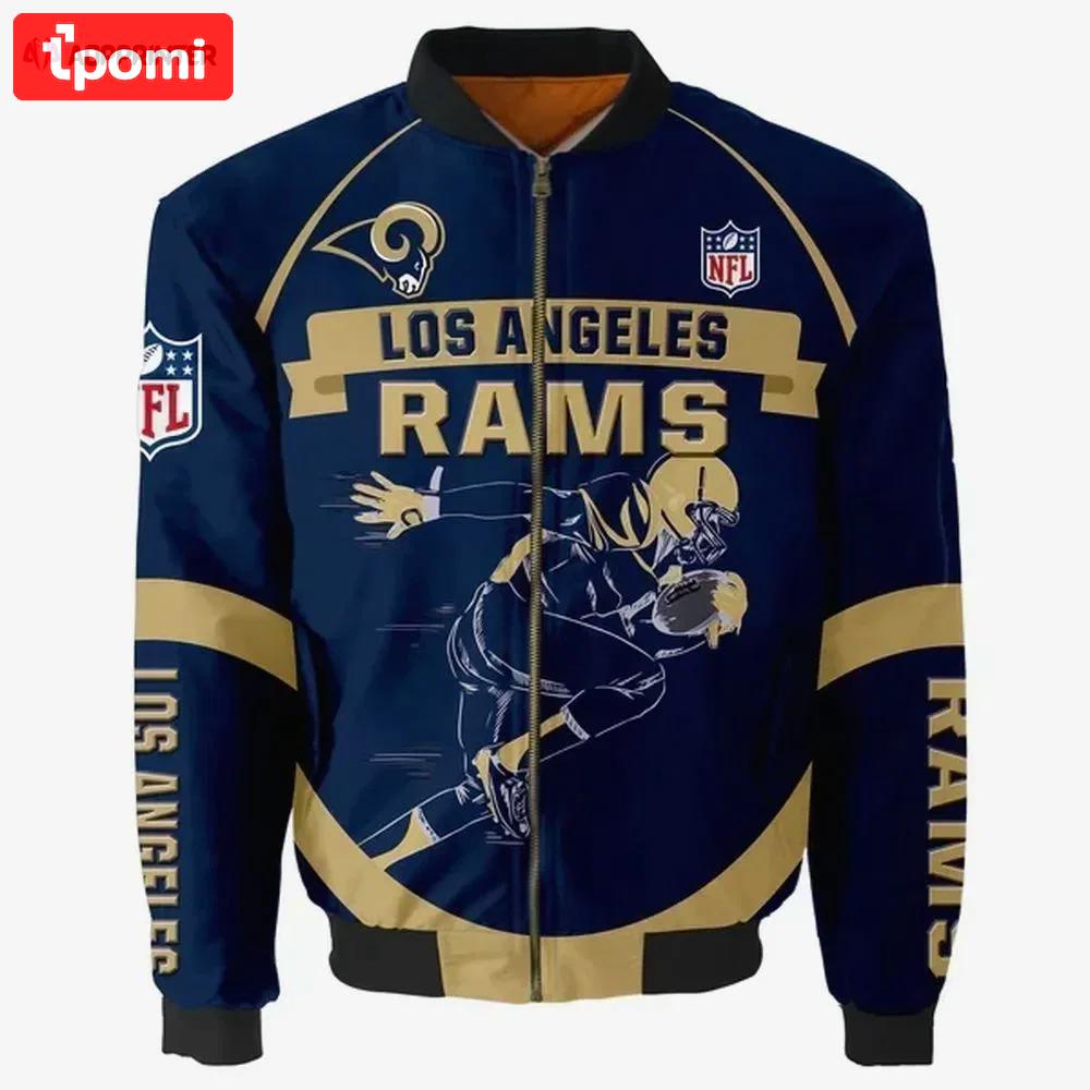 Los angeles rams player running pattern bomber jacket – navy blue Bomber Jacket