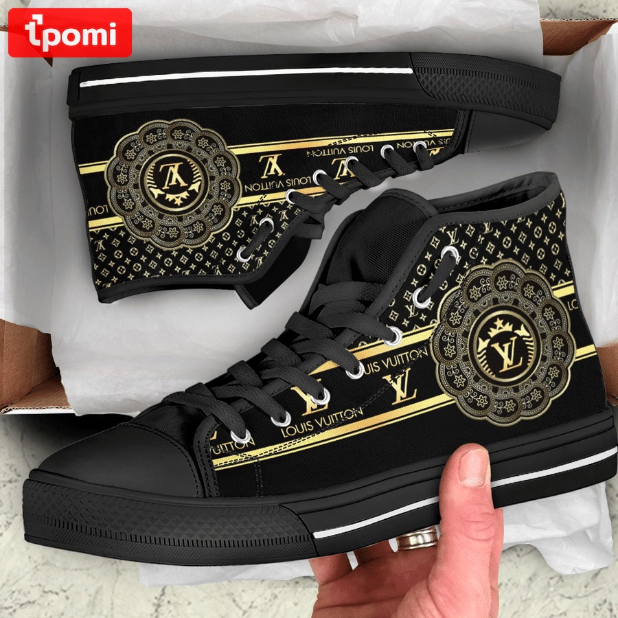 Louis vuitton black gold high top canvas shoes sneakers hot best lv for men women hot 2023 High Top Canvas Shoes