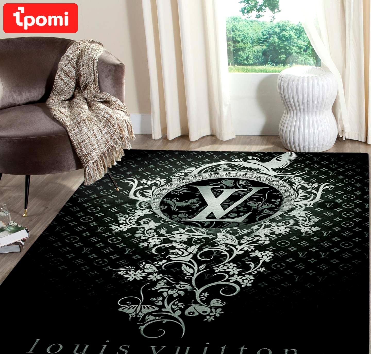 Louis vuitton dark flowers logo type 661. Upgrade Your Living Room with Luxury Home Decor: Area Carpets, Floor Decor, Door Mats, and Hot Gift Items with style a High-End Fashion Brand Rectangle Rug