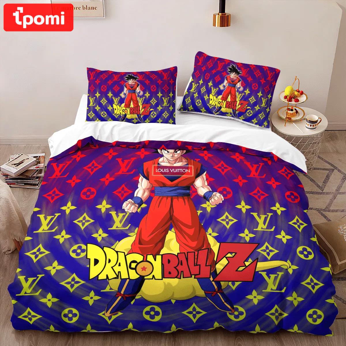 Louis vuitton dragon ball hot luxury logo brand bedding sets bedspread duvet cover set, bedroom decor , thanksgiving decorations for home best luxury bed sets gift thankgivings and christmas Bedding Sets