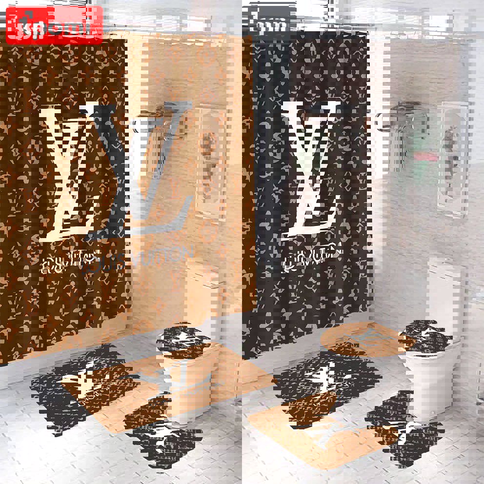 Louis vuitton light brown fashion luxury brand premium bathroom set shower curtain bath mat set home decor Bathroom Set