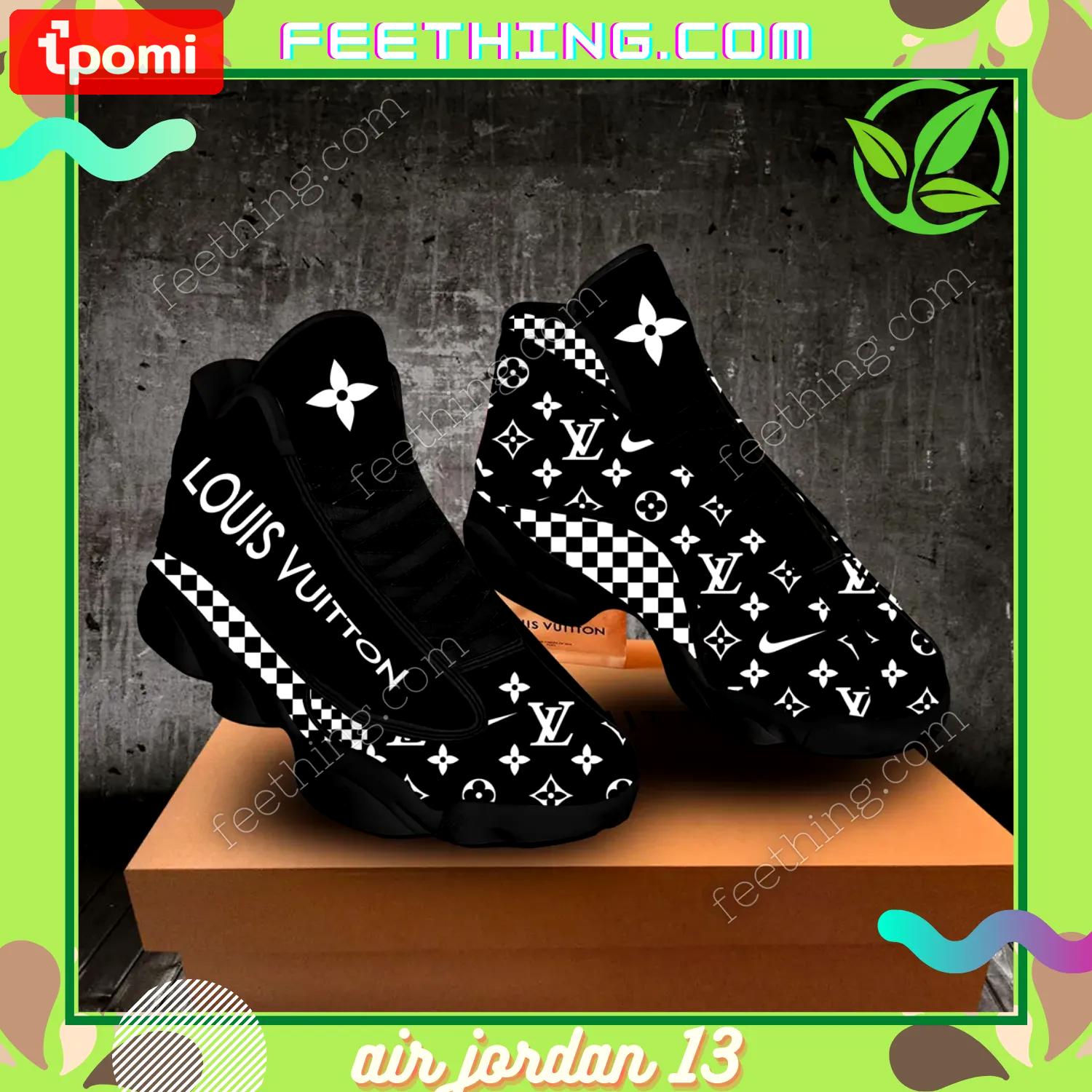Louis vuitton luxury sparkling black background with white light louis vuitton logo Air Jordan 13 Shoes Full Size For Fans Sneakers Gifts For Men Women