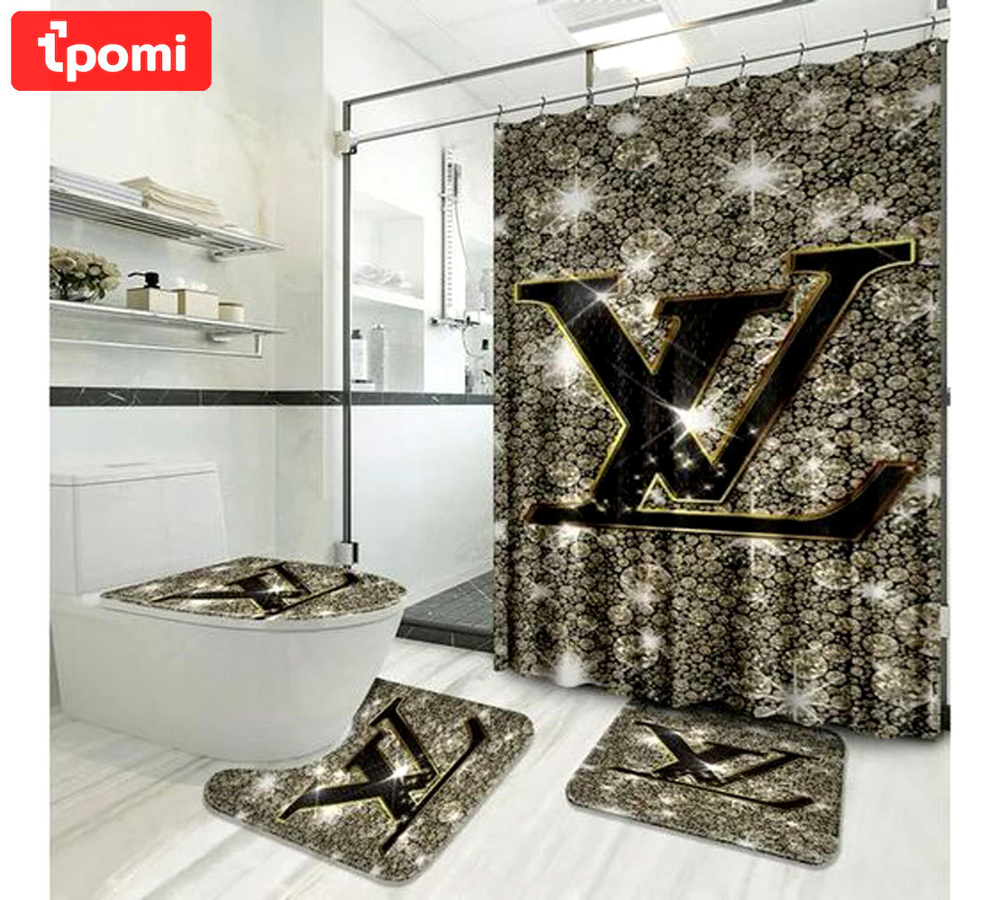 Louis vuitton lv bling logo type 1783 Bathroom Accessory Sets Bathroom Sets Pedestal Rug Toilet Cover Home Decor Waterproof Shower Curtain Bath Mat Set Hypebeast Bathroom Luxury Fashion Brand