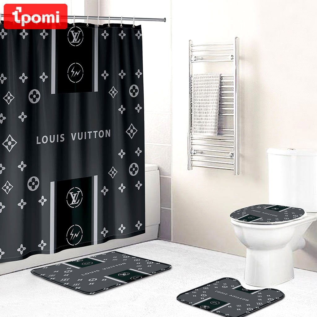 Louis vuitton lv dark logo type 1885 Bathroom Accessory Sets Luxury Fashion Brand Hypebeast Bathroom Pedestal Rug Bathroom Sets Home Decor Toilet Cover Bath Mat Set Waterproof Shower Curtain