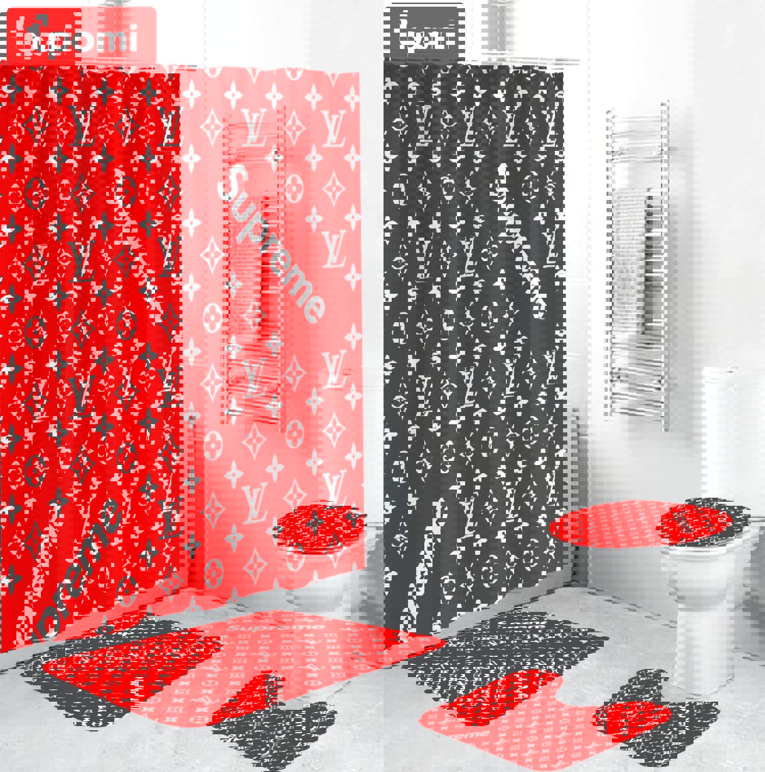 Louis vuitton lv supreme logo type 1580 Bathroom Accessory Sets Bathroom Sets Bath Mat Set Luxury Fashion Brand Waterproof Shower Curtain Pedestal Rug Hypebeast Bathroom Home Decor Toilet Cover