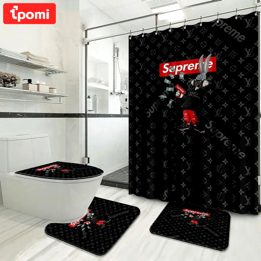 Louis vuitton lv supreme logo type 2077 Bathroom Accessory Sets Waterproof Shower Curtain Bath Mat Set Luxury Fashion Brand Bathroom Sets Pedestal Rug Toilet Cover Hypebeast Bathroom Home Decor