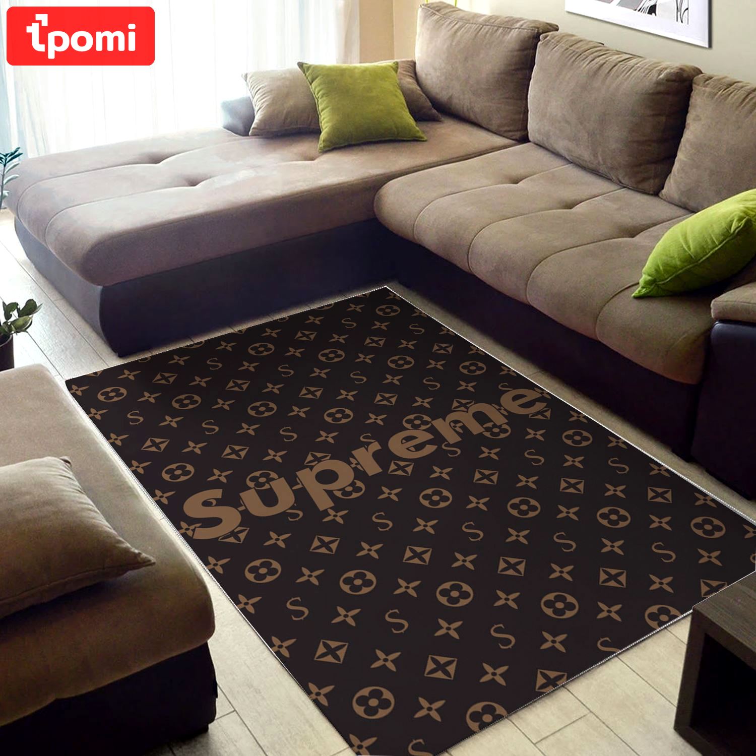 Louis vuitton supreme brown logo type 634. Upgrade Your Living Room with Luxury Home Decor: Area Carpets, Floor Decor, Door Mats, and Hot Gift Items with style a High-End Fashion Brand Rectangle Rug