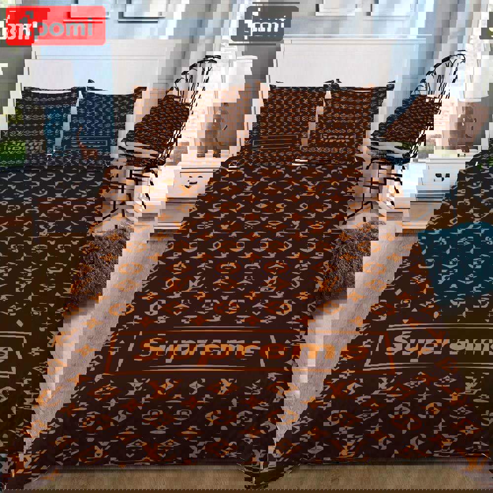 Louis vuitton supreme brown luxury brand logo premium bedding sets,bed sets, bedroom sets, comforter sets, duvet cover, bedspread Bedding Sets