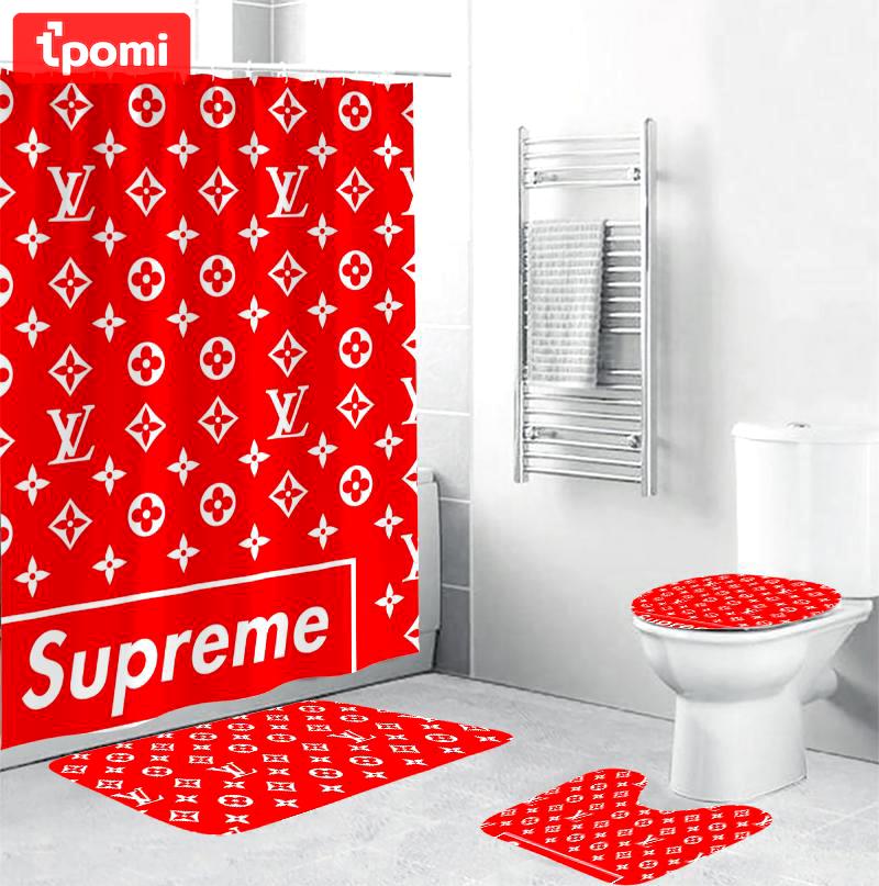 Louis vuitton supreme red bathroom set home decor luxury fashion brand hypebeast bath mat Bathroom Set