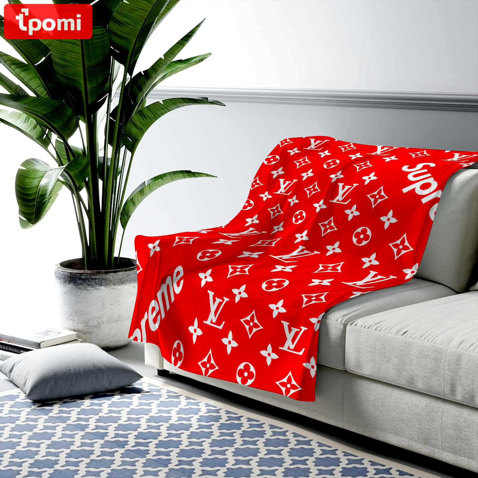 Louis vuitton supreme red fashion luxury brand premium blanket fleece home decor 137 Blanket Fleece