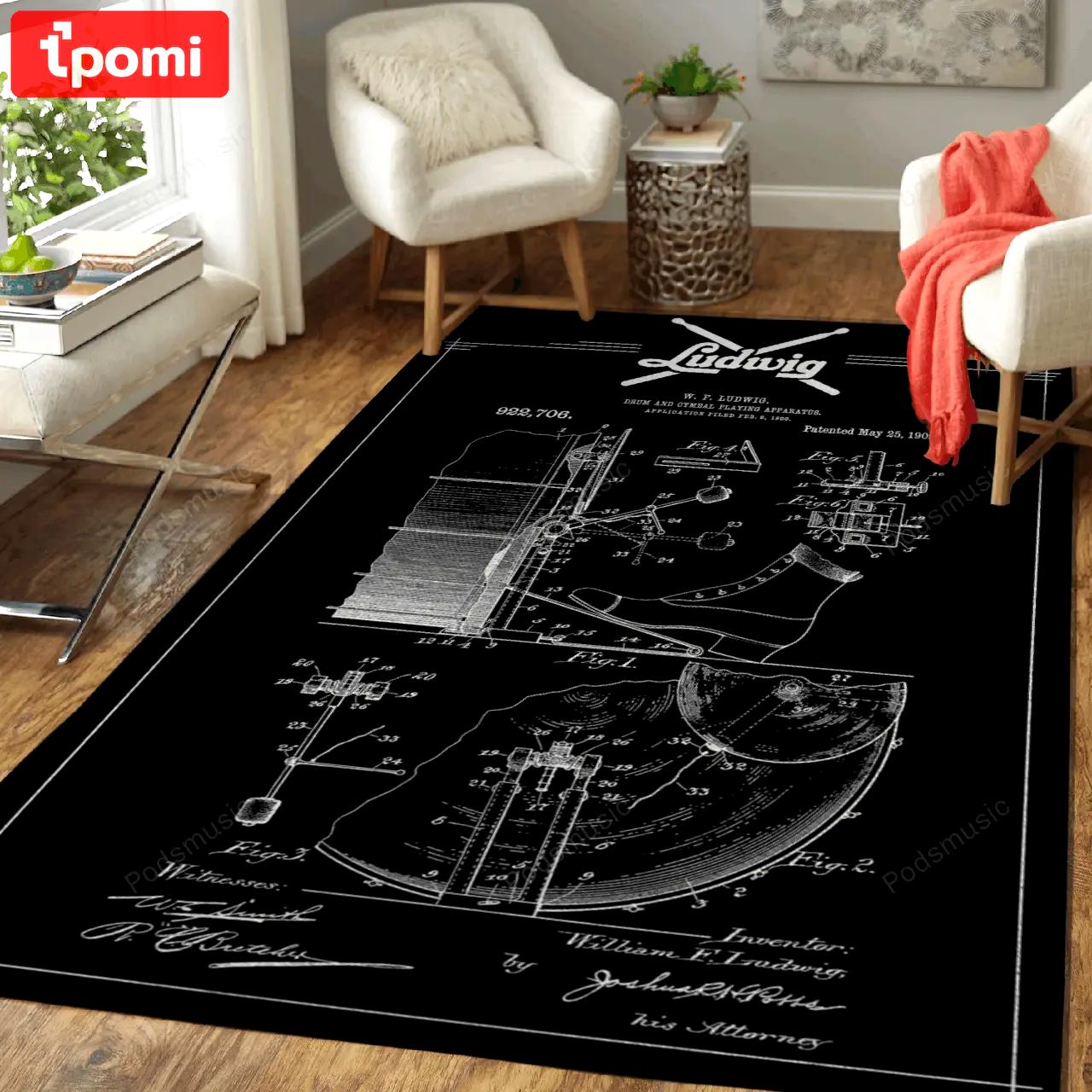 Ludwig drum blueprint drums music art for fans area rug living room carpet rug regtangle carpet floor decor home decor Rectangle Rug